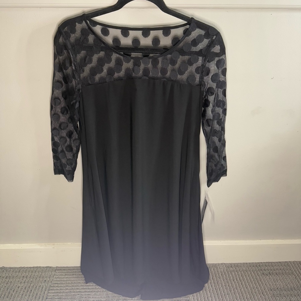 Nina Leonard Black Dress with Polka Dot Mesh Neckline